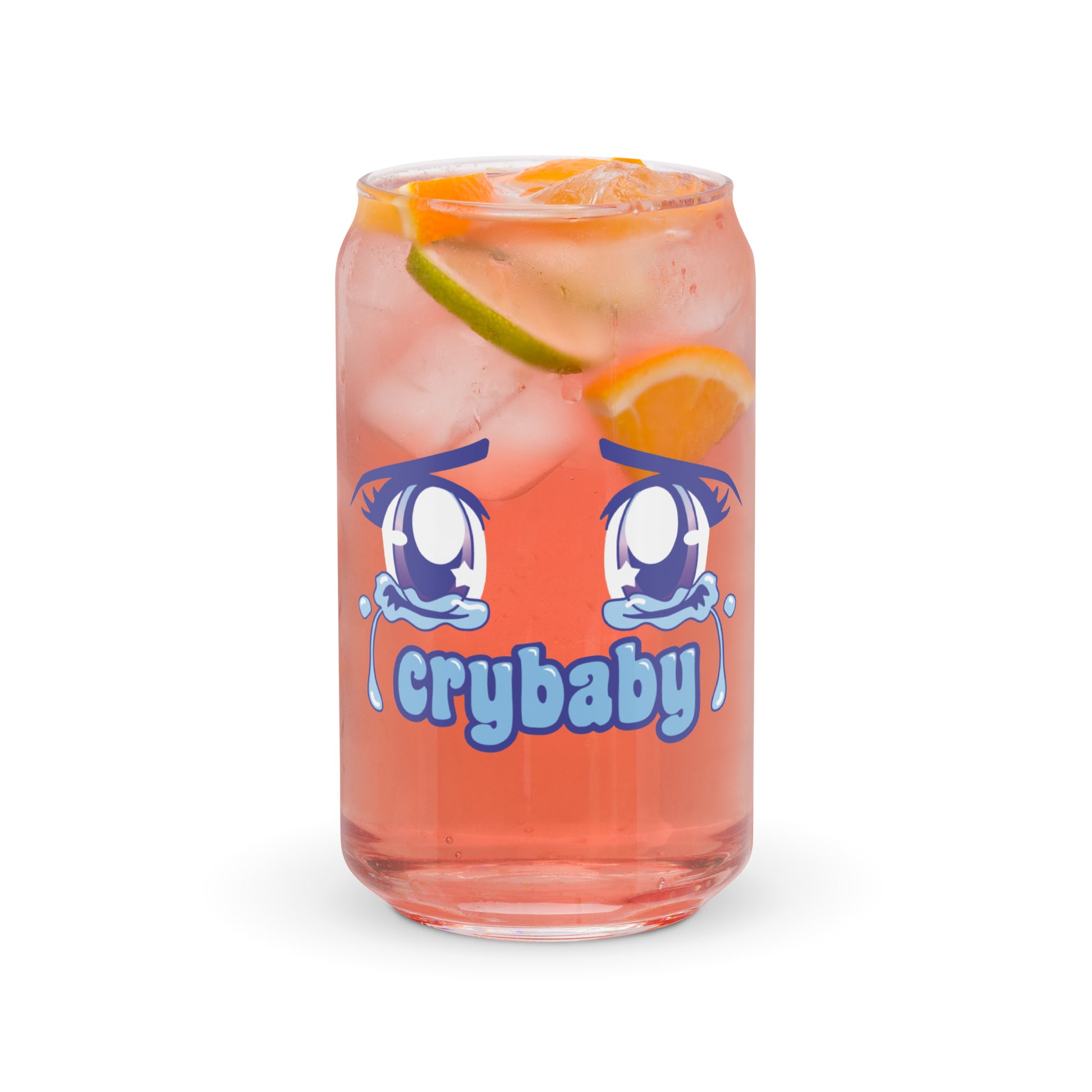A 16 ounce can-shaped glass featuring an illustration of large, sparkling purple anime eyes with tears streaming down. Text underneath the eyes reads "Crybaby" in a rounded blue font. The glass is full of a pink beverage with slices of fruit and ice.