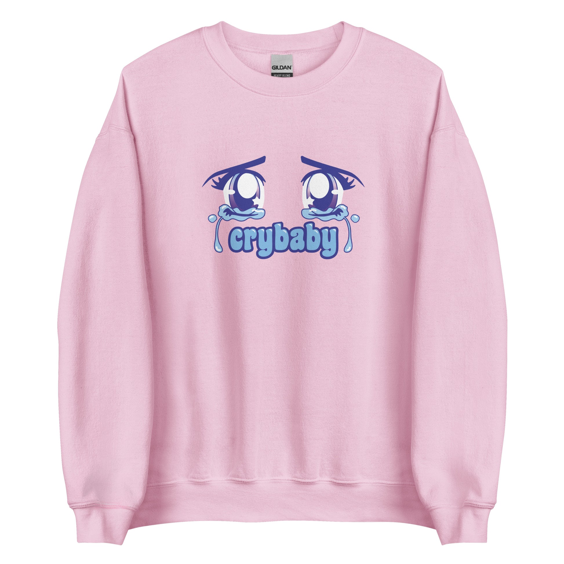 A pink crewneck sweatshirt featuring large, sparkling purple anime eyes with tears streaming down. Text underneath the eyes in a rounded blue font reads "crybaby"