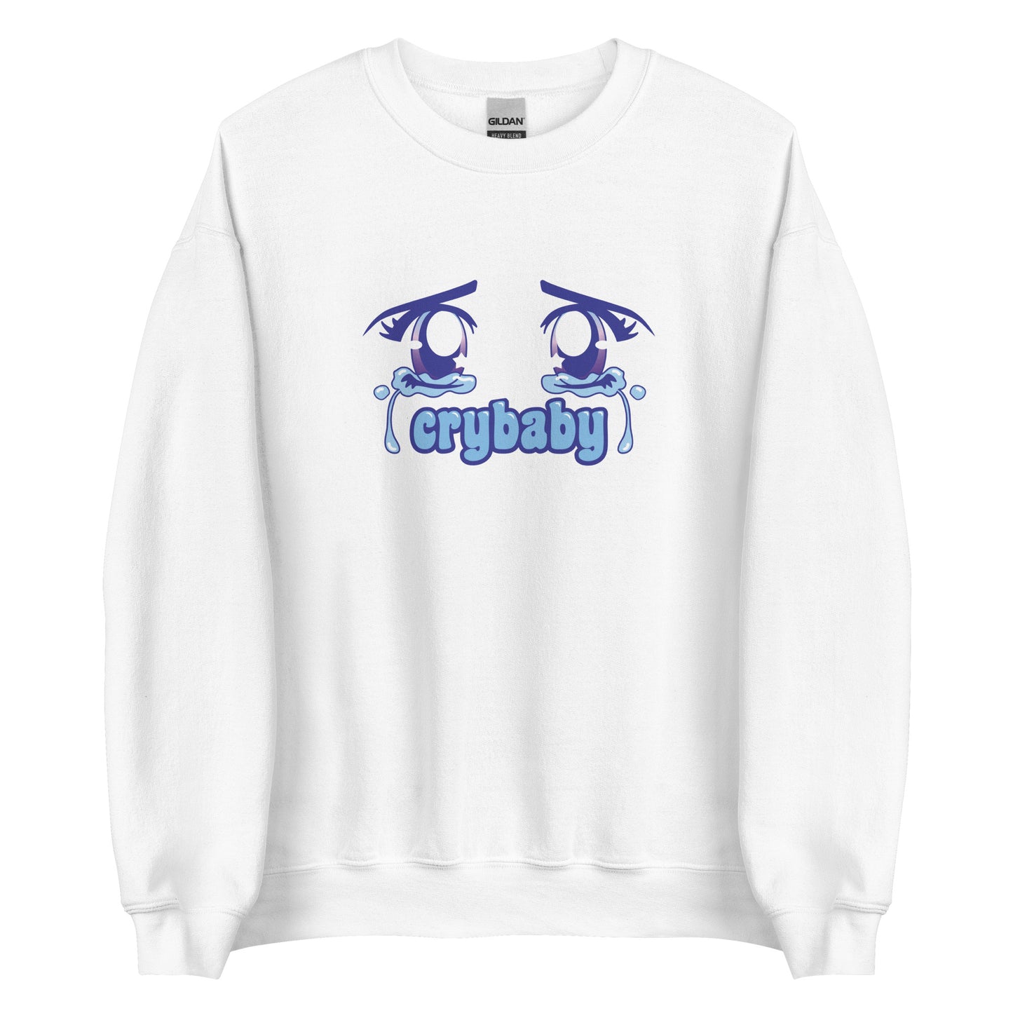 A white crewneck sweatshirt featuring large, sparkling purple anime eyes with tears streaming down. Text underneath the eyes in a rounded blue font reads "crybaby"