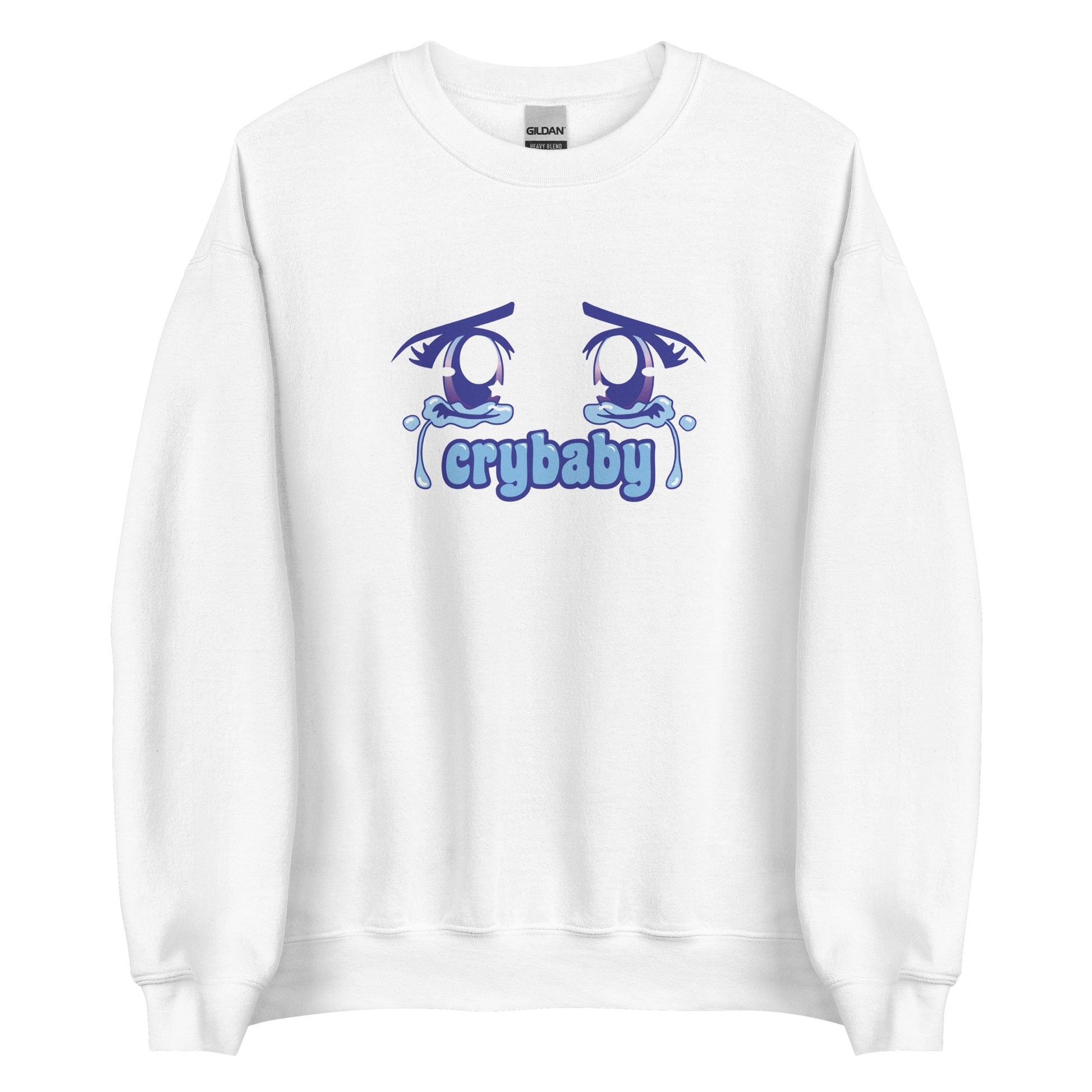 A white crewneck sweatshirt featuring large, sparkling purple anime eyes with tears streaming down. Text underneath the eyes in a rounded blue font reads "crybaby"