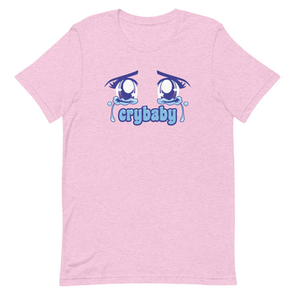 A heathered pink crewneck t-shirt featuring large, sparkling purple anime eyes with tears streaming down. Text underneath the eyes in a rounded blue font reads "crybaby"