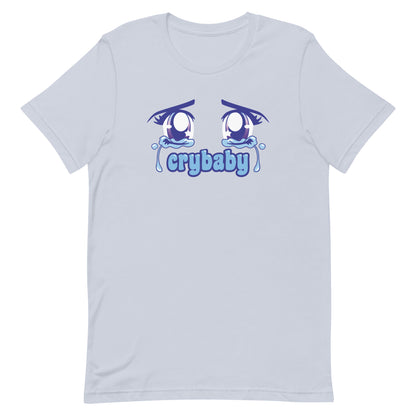 A pale blue crewneck t-shirt featuring large, sparkling purple anime eyes with tears streaming down. Text underneath the eyes in a rounded blue font reads "crybaby"