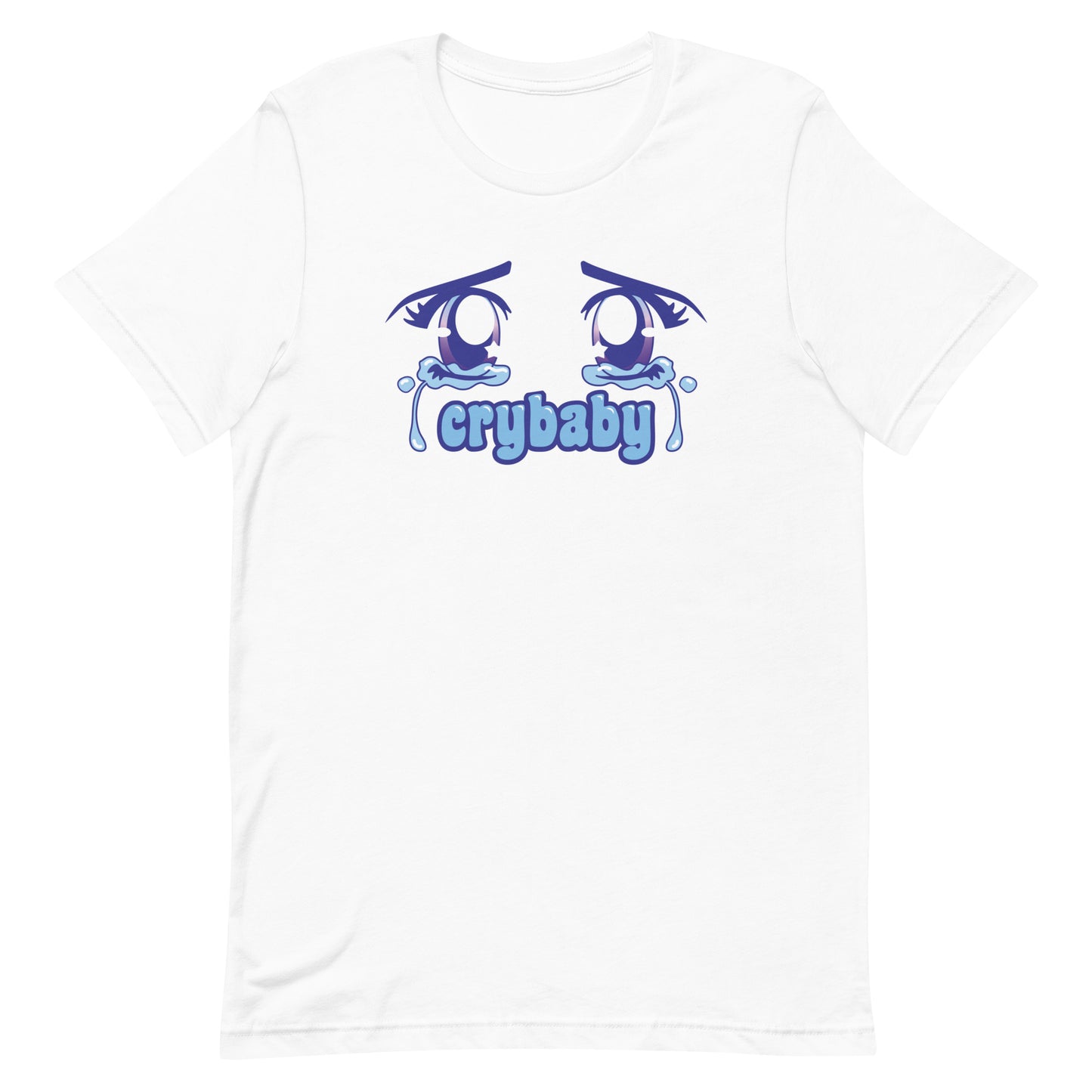 A white crewneck t-shirt featuring large, sparkling purple anime eyes with tears streaming down. Text underneath the eyes in a rounded blue font reads "crybaby"