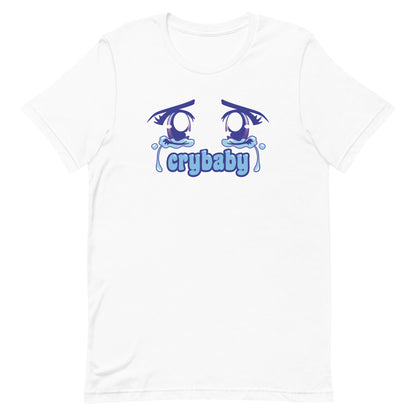 A white crewneck t-shirt featuring large, sparkling purple anime eyes with tears streaming down. Text underneath the eyes in a rounded blue font reads "crybaby"