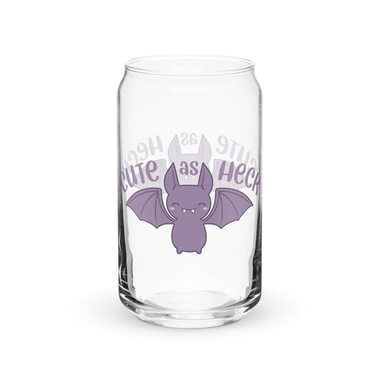 A clear, can-shaped glass featuring an illustration of a cutesty purple bat with text above him that reads "Cute as Heck"
