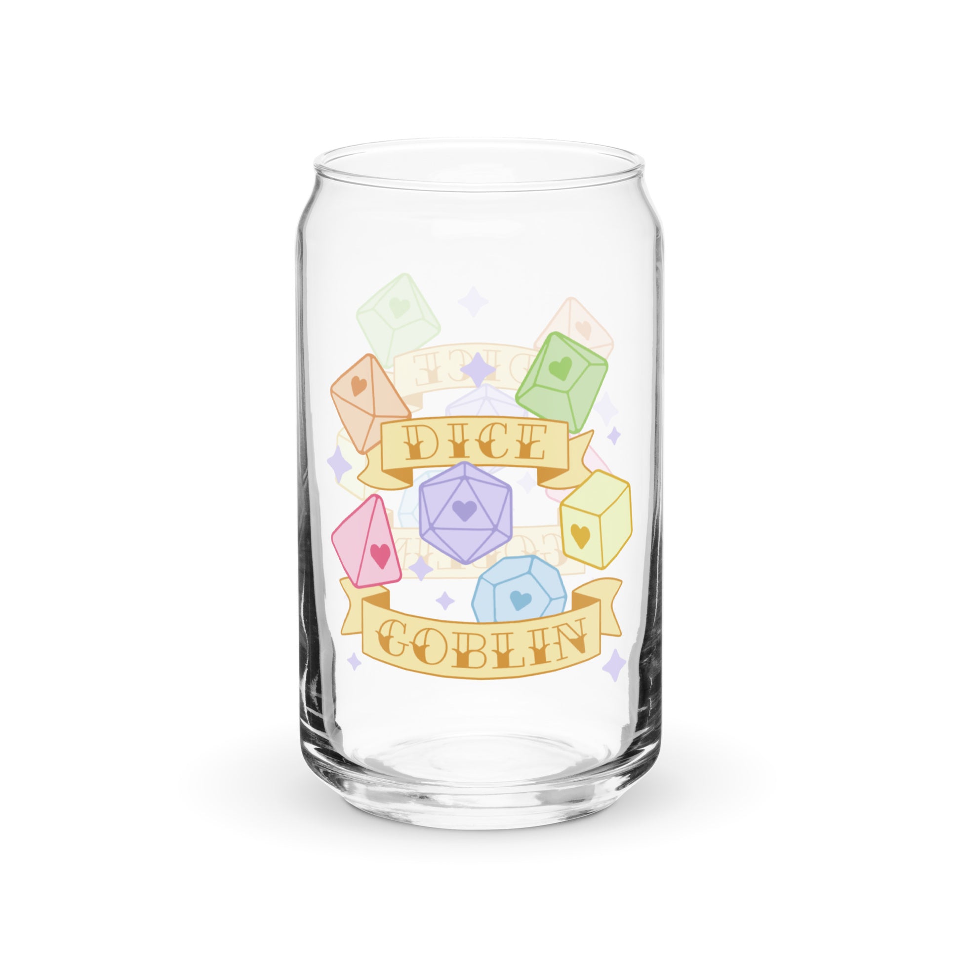 A can-shaped glass featuring pastel rainbow polyhedral dice surrounded by sparkles. A banner wraps around the dice and reads "Dice Goblin".