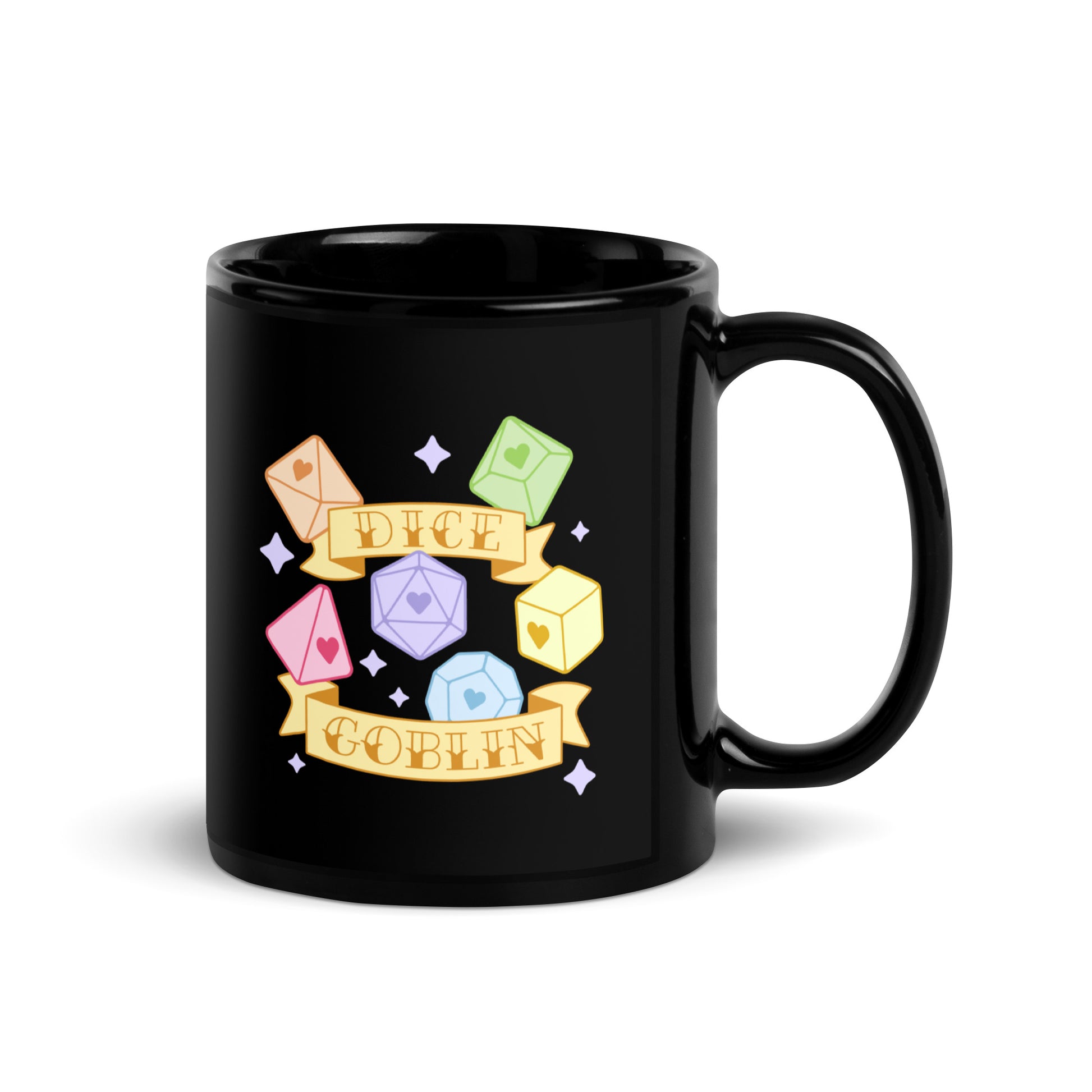 A black 11 ounce ceramic mug featuring an illustration of six polyhedral dice in pastel rainbow colors. Banners surround the dice. Text on the banners reads "Dice Goblin"