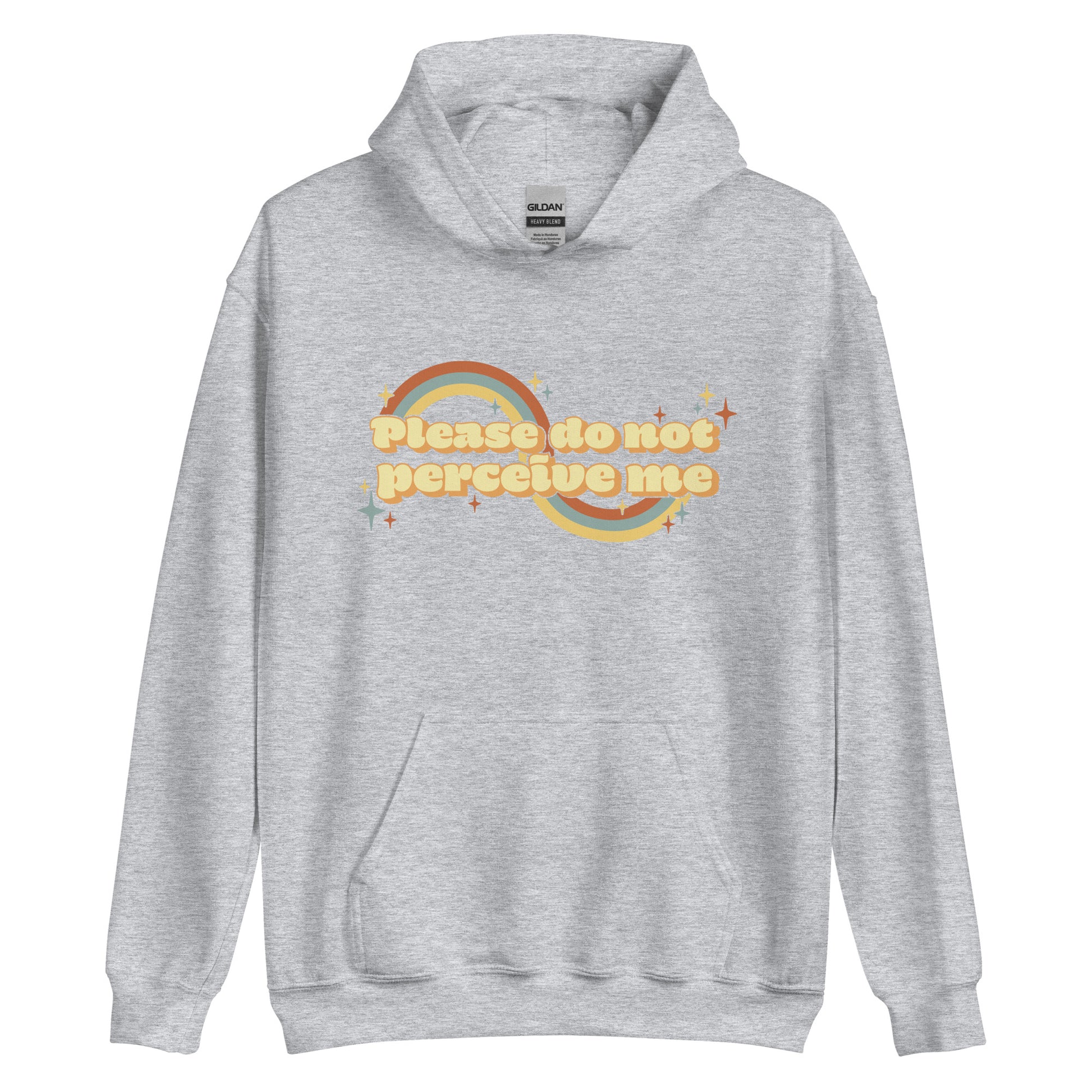 A light heather grey hooded sweatshirt featuring vintage-style text that reads "Please do not perceive me". A colorful swirl and sparkles surrounds the text in red, yellow, and blue.