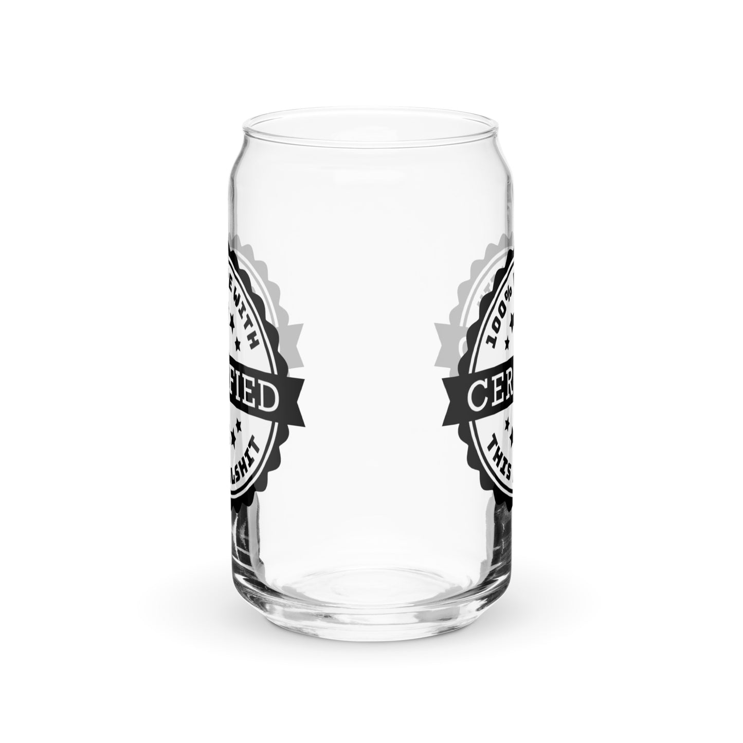 A can-shaped glass turn to the side to show that the image printed on it is printed on two sides. Both images are partially visible.