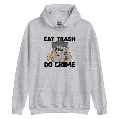 A grey hooded sweatshirt featuring an illustration of a chubby raccoon wearing sunglasses. The raccoon is leaning back against a trash can and two large bags of money. Text surrounding the image reads "Eat Trash. Do Crime."