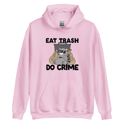 A light pink hooded sweatshirt featuring an illustration of a chubby raccoon wearing sunglasses. The raccoon is leaning back against a trash can and two large bags of money. Text surrounding the image reads "Eat Trash. Do Crime."