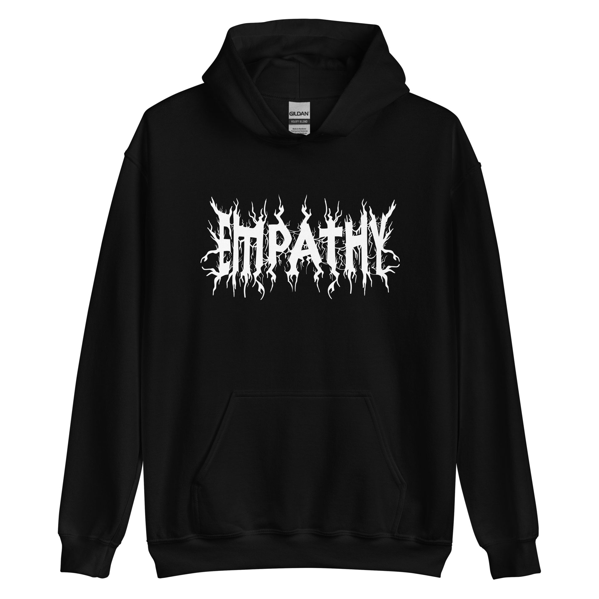 A black hooded sweatshirt featuring white text that reads "Empathy" in a jagged font  in the style of heavy metal band shirts