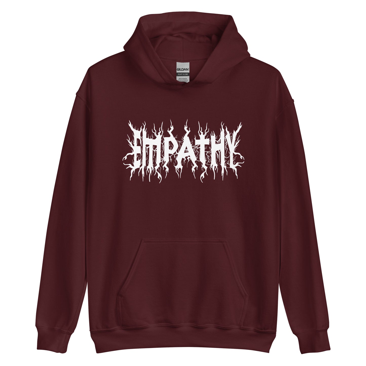 A maroon hooded sweatshirt featuring white text that reads "Empathy" in a jagged font  in the style of heavy metal band shirts