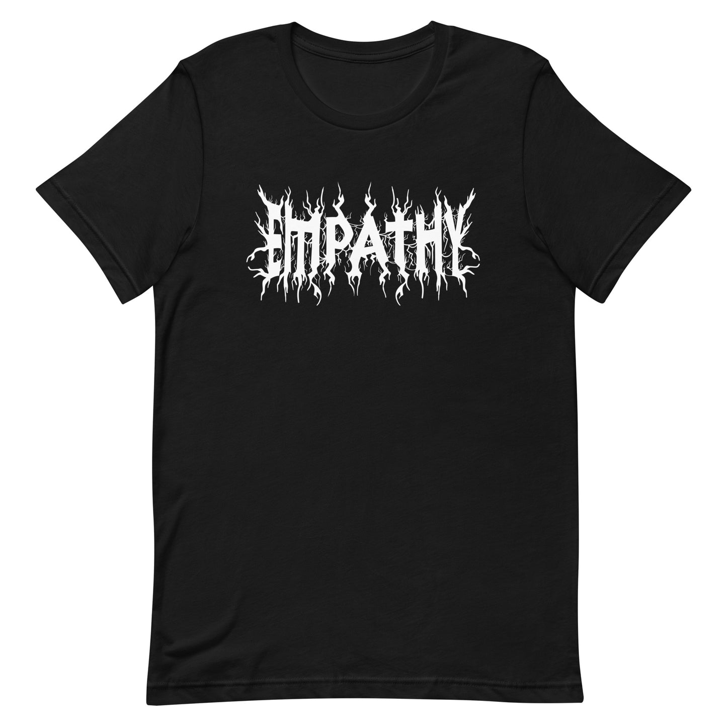 A black crewneck t-shirt featuring white text that reads "Empathy" in a jagged font in the style of heavy metal band t-shirts