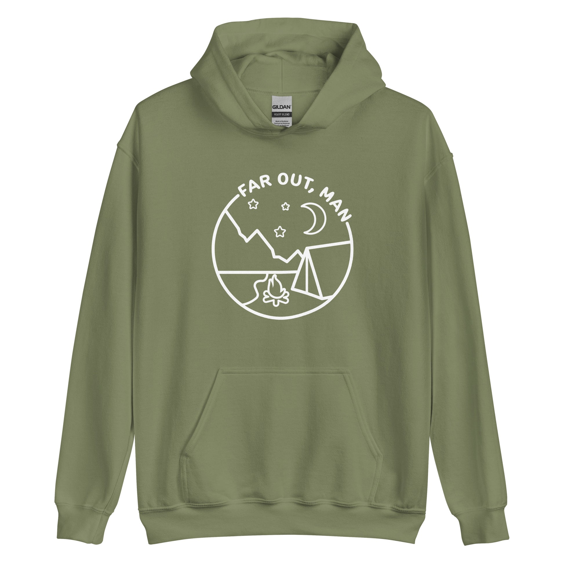 An olive green hooded sweatshirt featuring a white lineart illustration of a campfire and tent under a night sky. Text in an arc above the illustration reads "Far out, man".