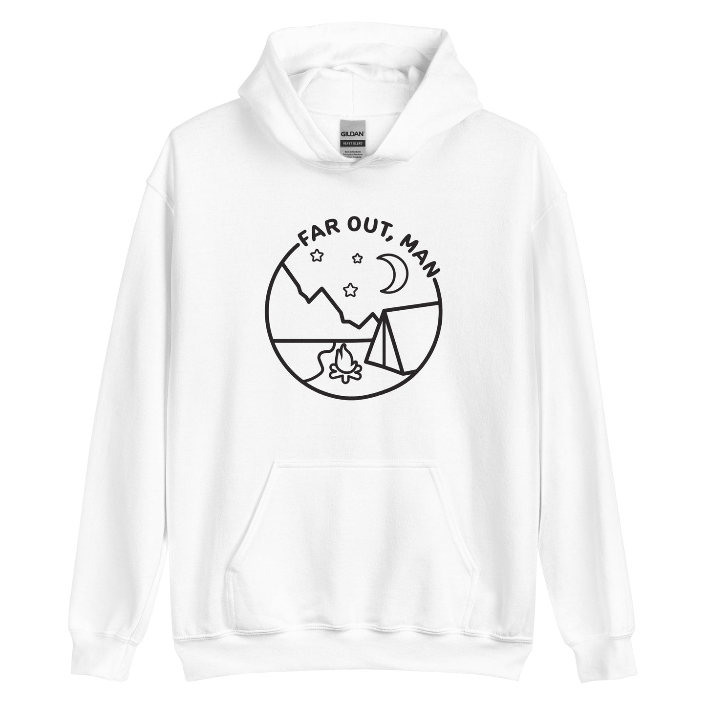 A white hooded sweatshirt featuring a black lineart illustration of a campfire and tent under a night sky. Text in an arc above the illustration reads "Far out, man".