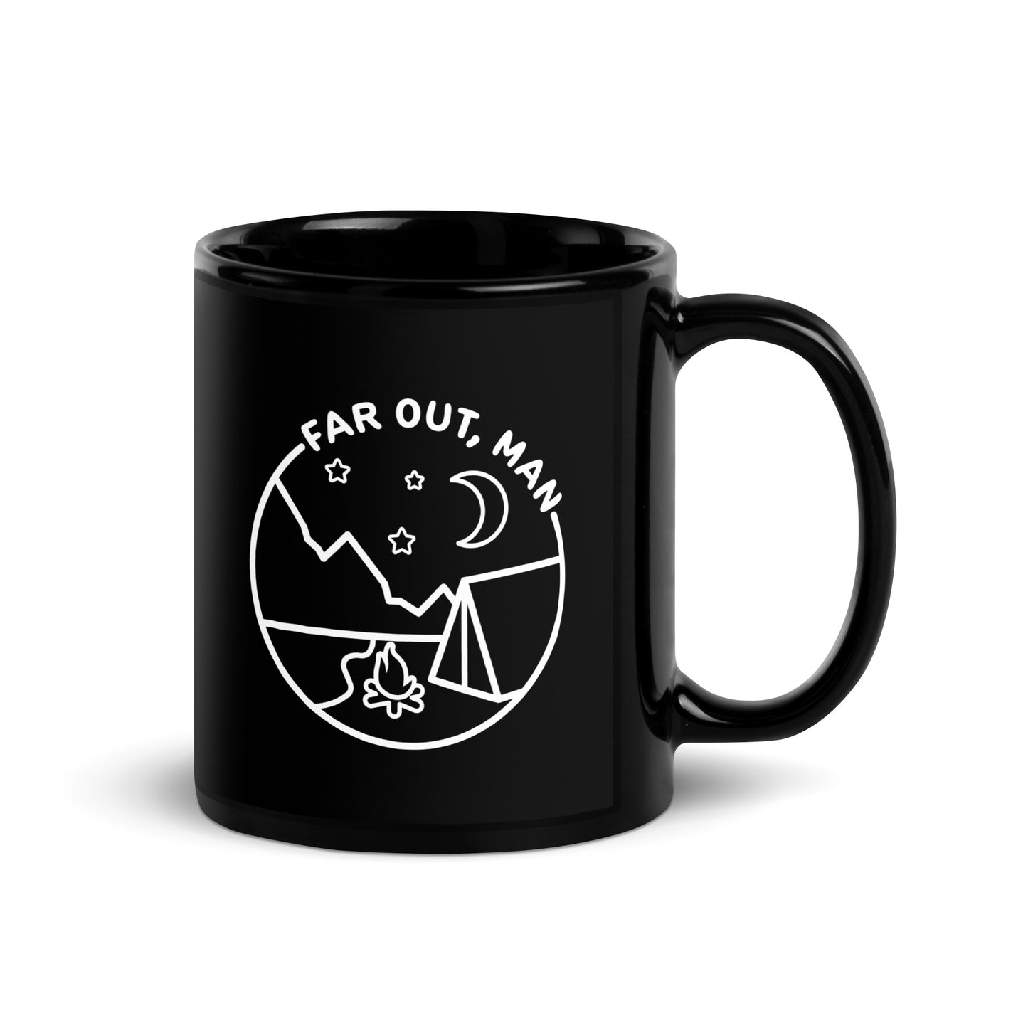 A black ceramic 11 ounce coffee mug with a white lineart illustration of a campfire and tent under a night sky. Text in an arc above the graphic reads "Far out, man"
