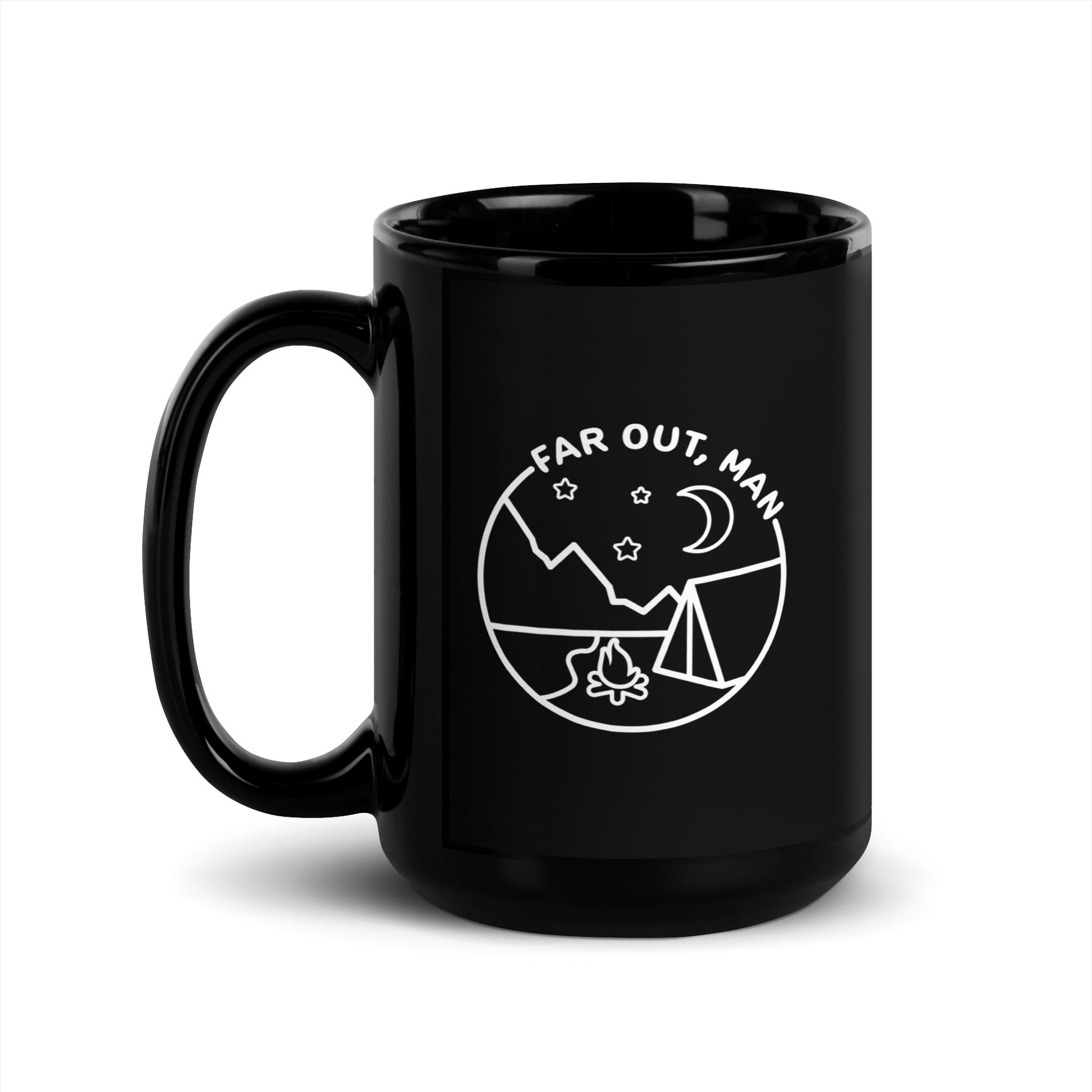 A black ceramic 15 ounce coffee mug with a white lineart illustration of a campfire and tent under a night sky. Text in an arc above the graphic reads "Far out, man"
