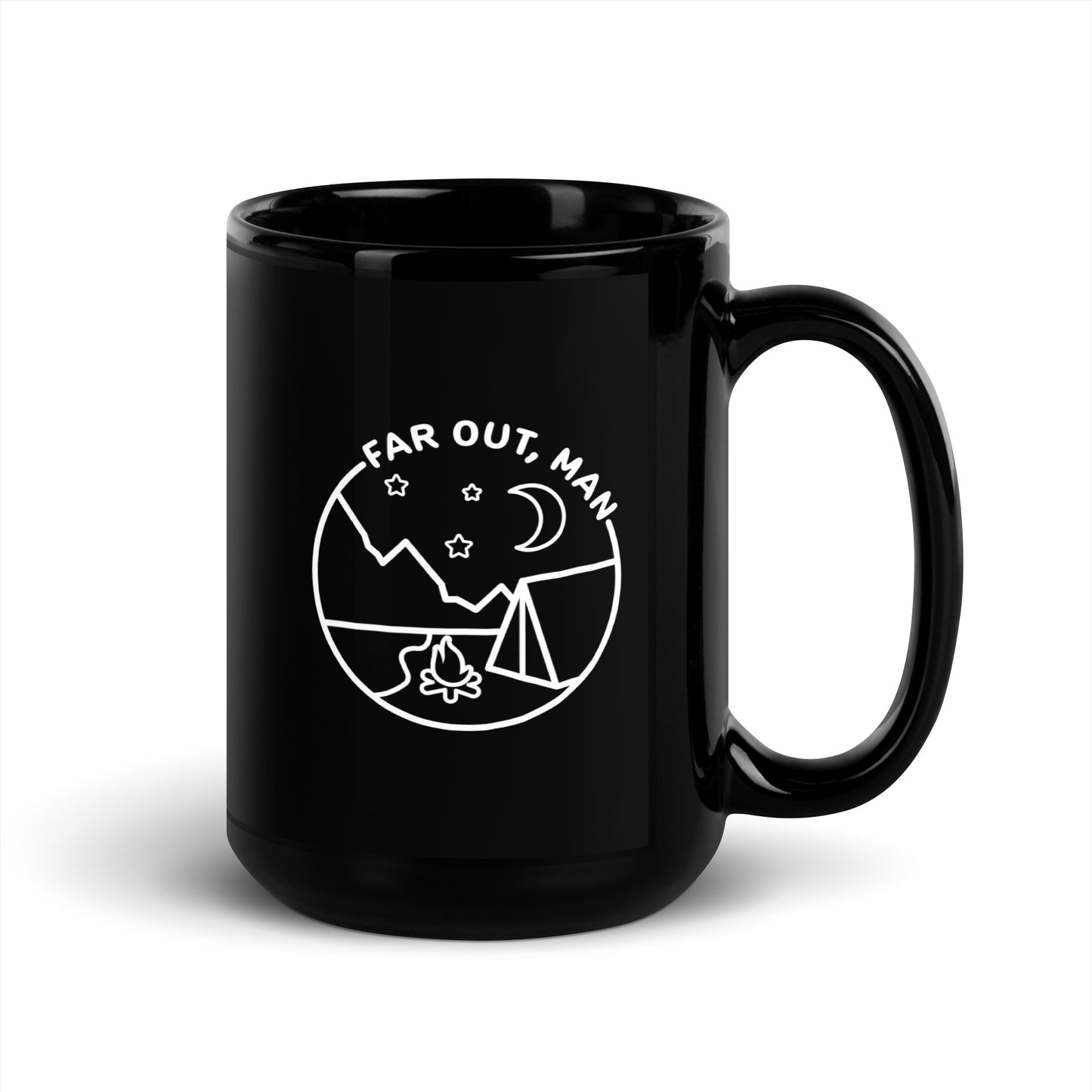 A black ceramic 15 ounce coffee mug with a white lineart illustration of a campfire and tent under a night sky. Text in an arc above the graphic reads "Far out, man"