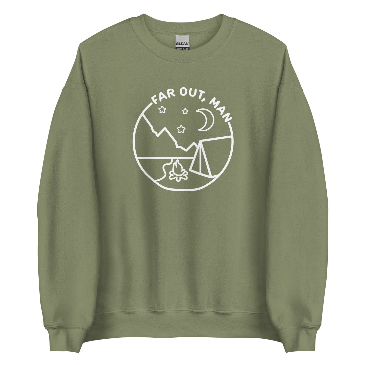 An olive green crewneck sweatshirt featuring a white lineart illustration of a tent and campfire under a night sky. Text in an arc above the illustration reads "Far out, man"