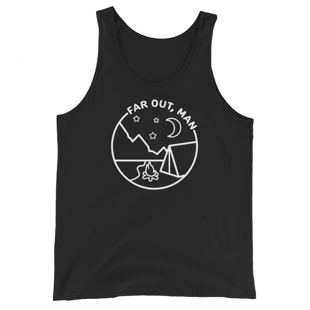 A black tank top featuring a white lineart illustration of a campfire and tent under a night sky. Text in an arc above the illustration reads "Far out, man".