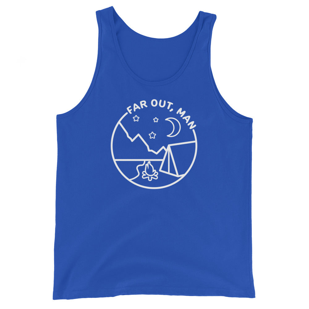 A blue tank top featuring a white lineart illustration of a campfire and tent under a night sky. Text in an arc above the illustration reads "Far out, man".