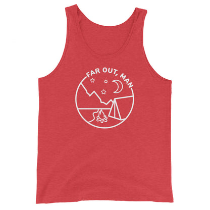 A red tank top featuring a white lineart illustration of a campfire and tent under a night sky. Text in an arc above the illustration reads "Far out, man".