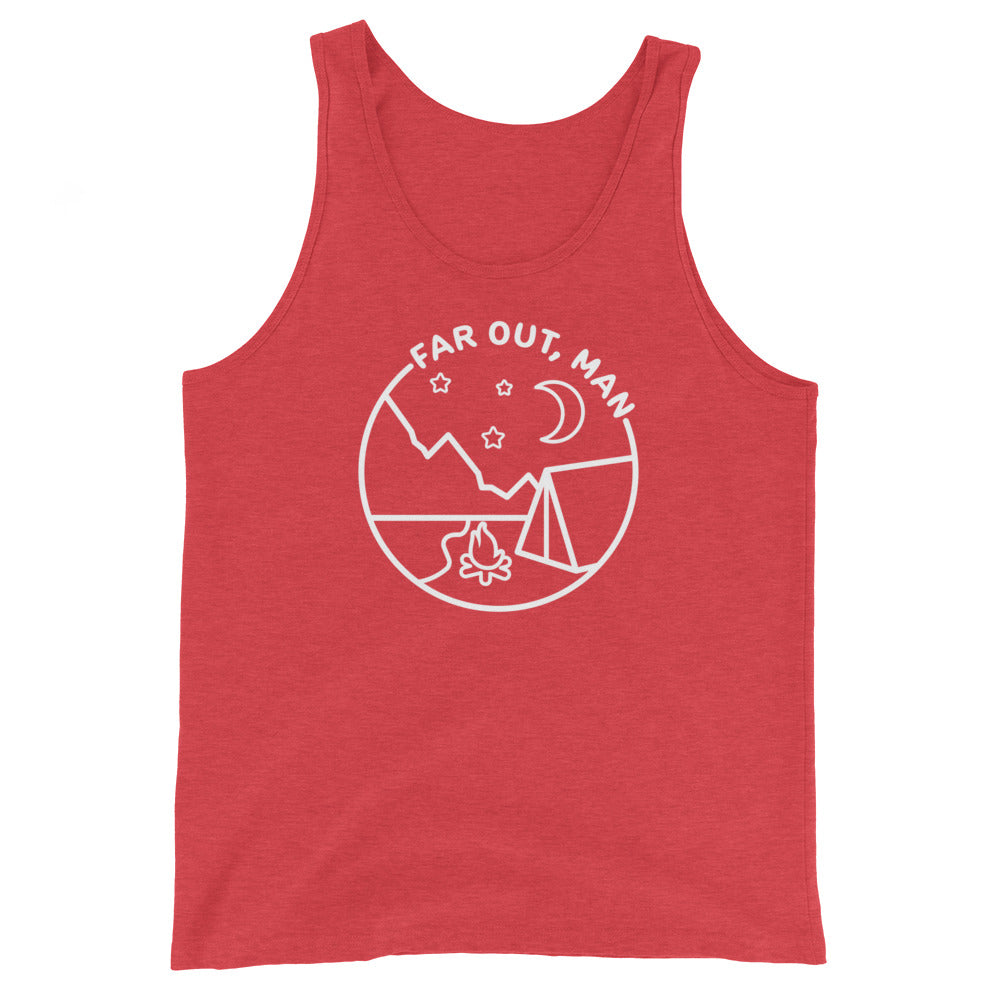 A red tank top featuring a white lineart illustration of a campfire and tent under a night sky. Text in an arc above the illustration reads "Far out, man".