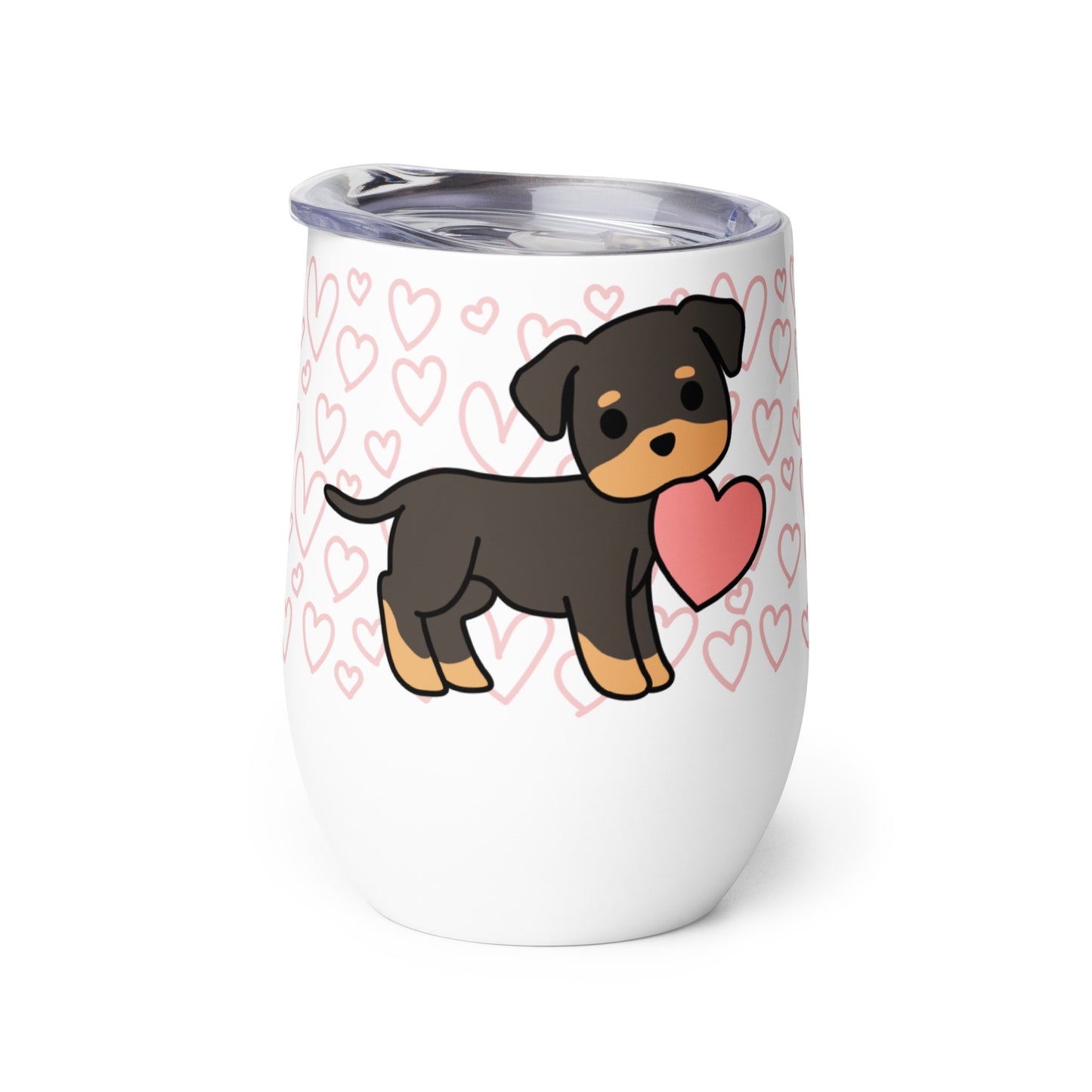 A white metal wine tumbler with a plastic lid. A pattern of hearts wraps around the top half of the tumbler. Centered on the tumbler is a cute, stylized illustration of a Rottweiler.