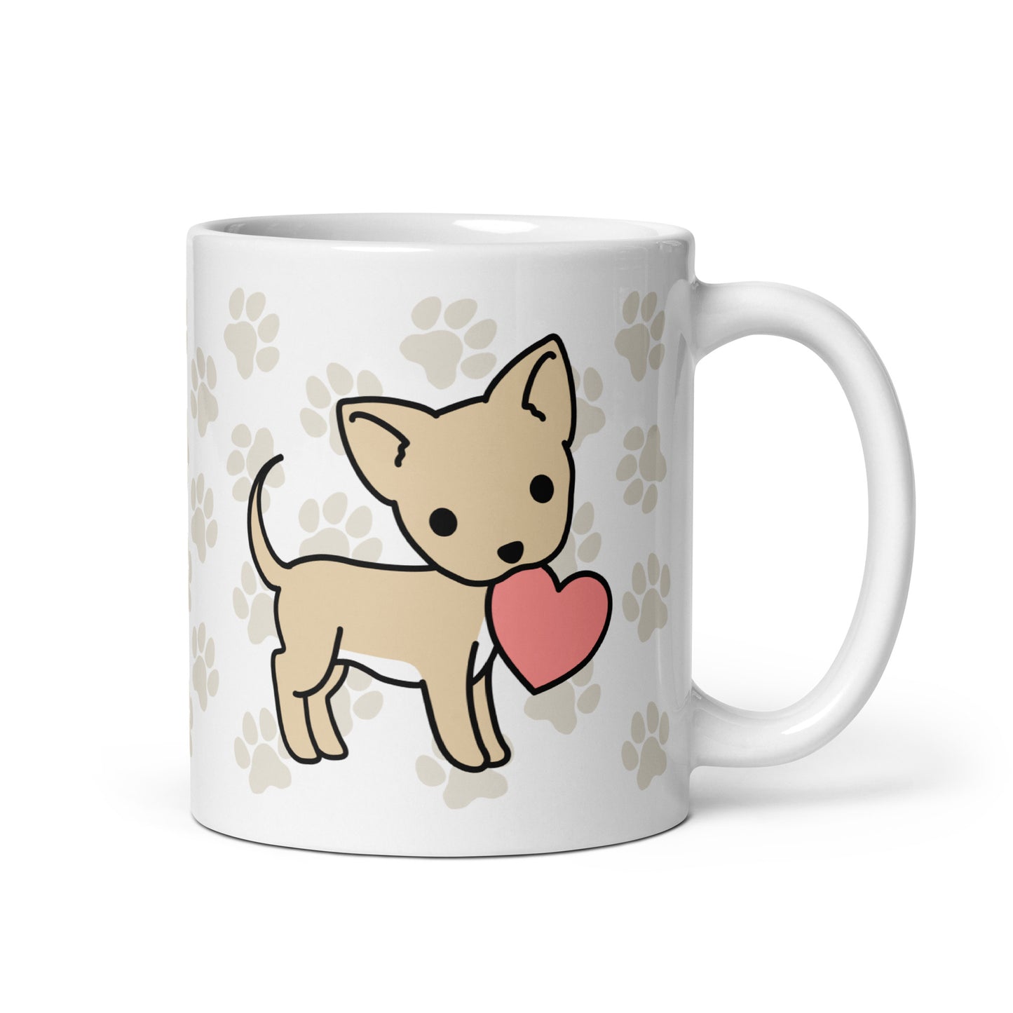 A white 11 ounce ceramic mug with a pattern of light brown pawprints all over. The mug also features a stylized illustration of a Chihuahua holding a heart in its mouth.