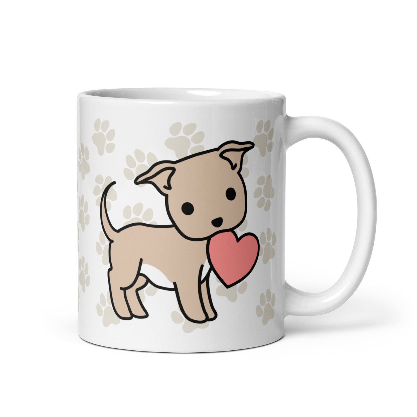 A white 11 ounce ceramic mug with a pattern of light brown pawprints all over. The mug also features a stylized illustration of a Pitbull holding a heart in its mouth.
