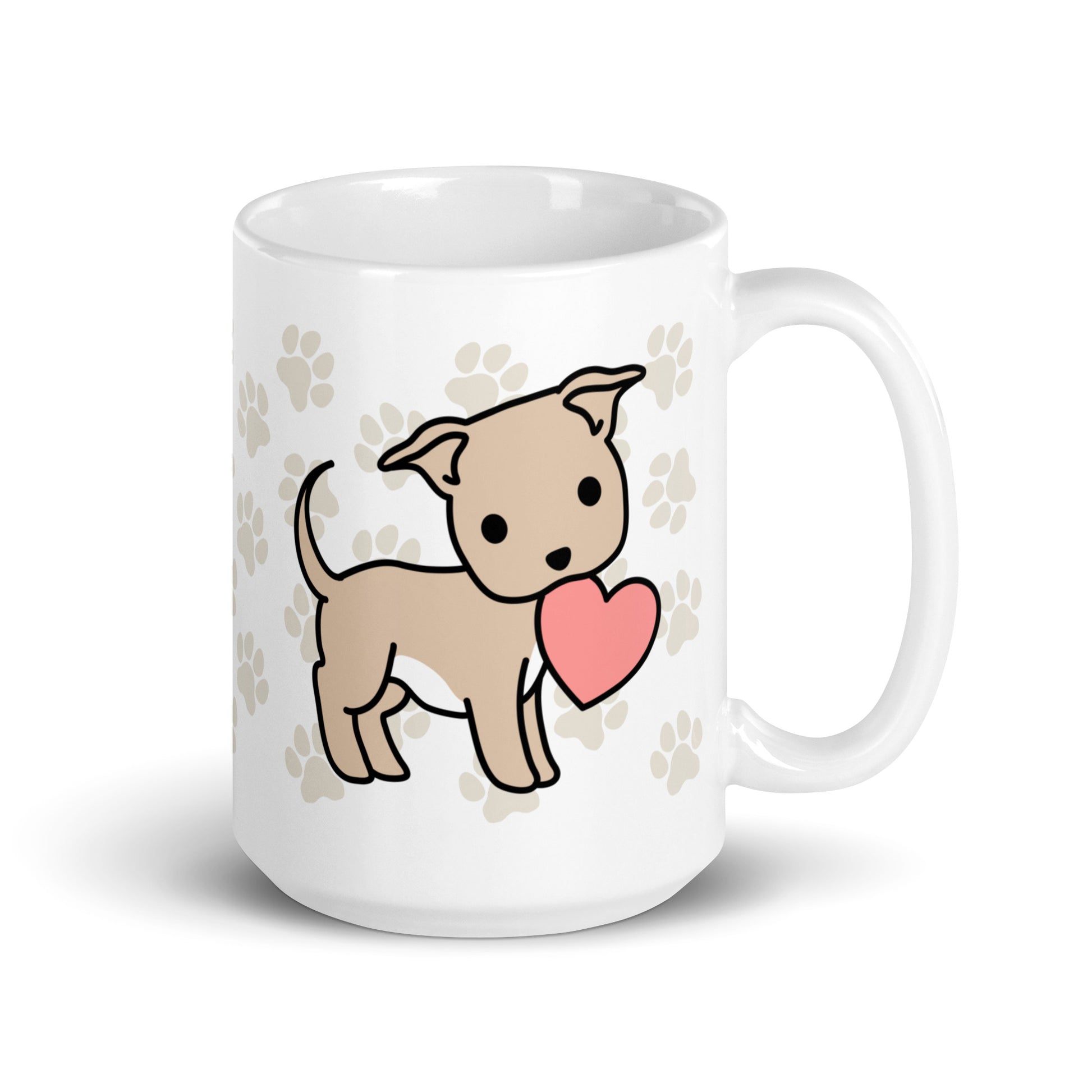 A white 15 ounce ceramic mug with a pattern of light brown pawprints all over. The mug also features a stylized illustration of a Pitbull holding a heart in its mouth.