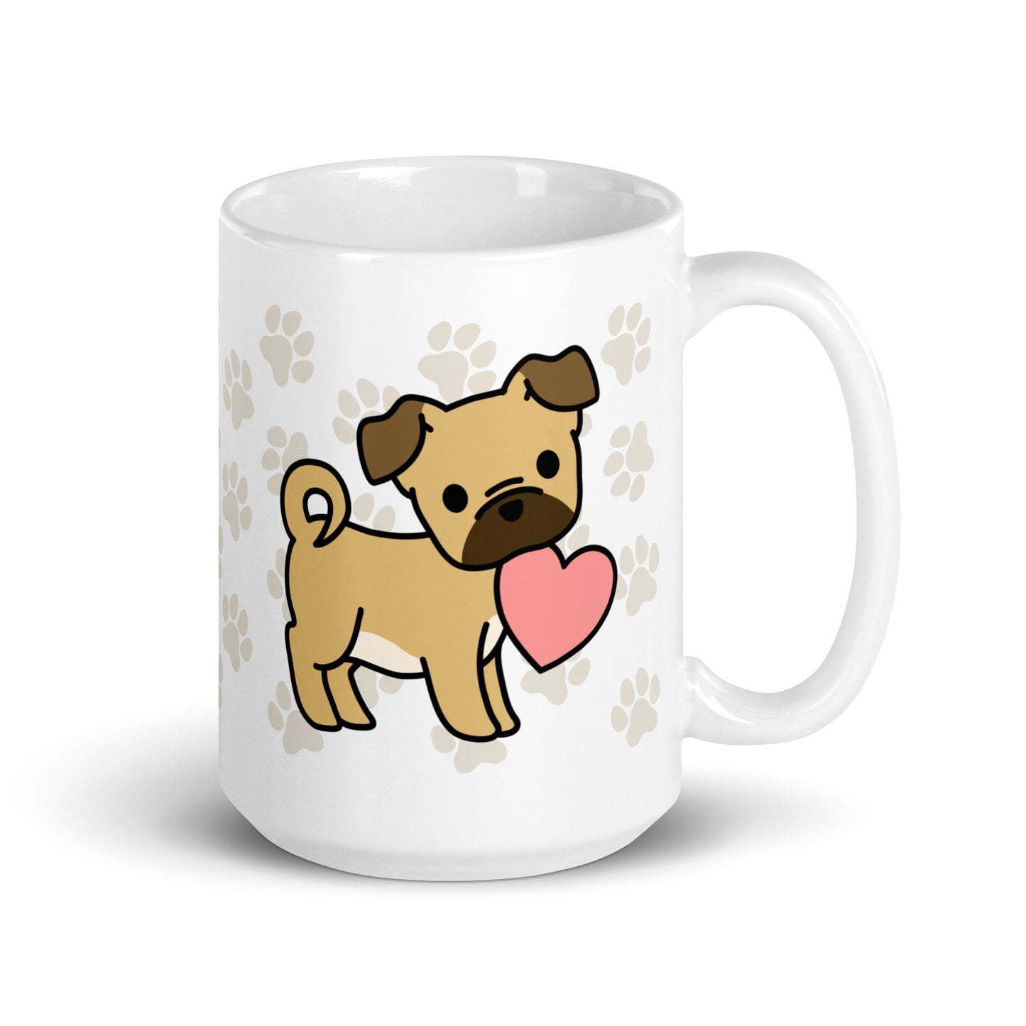 A white 15 ounce ceramic mug with a pattern of light brown pawprints all over. The mug also features a stylized illustration of a Puggle holding a heart in its mouth.