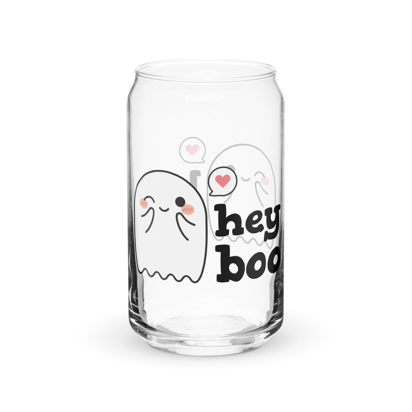A can-shaped glass featuring an illustration of a blushing, winking ghost. Text alongside the ghost reads "hey boo".