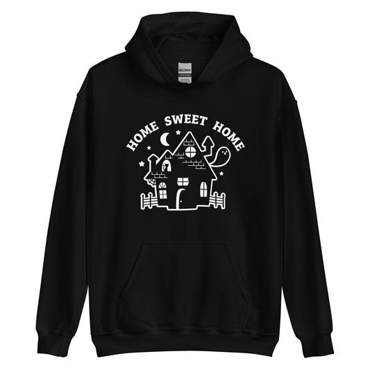 A black hooded sweatshirt featuring a cutesy image of a haunted house. Text above the house reads "HOME SWEET HOME"