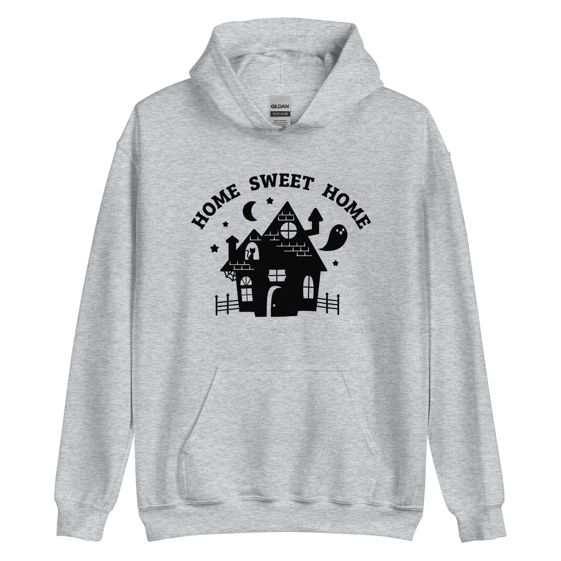 A grey hooded sweatshirt featuring a cutesy image of a haunted house. Text above the house reads "HOME SWEET HOME"