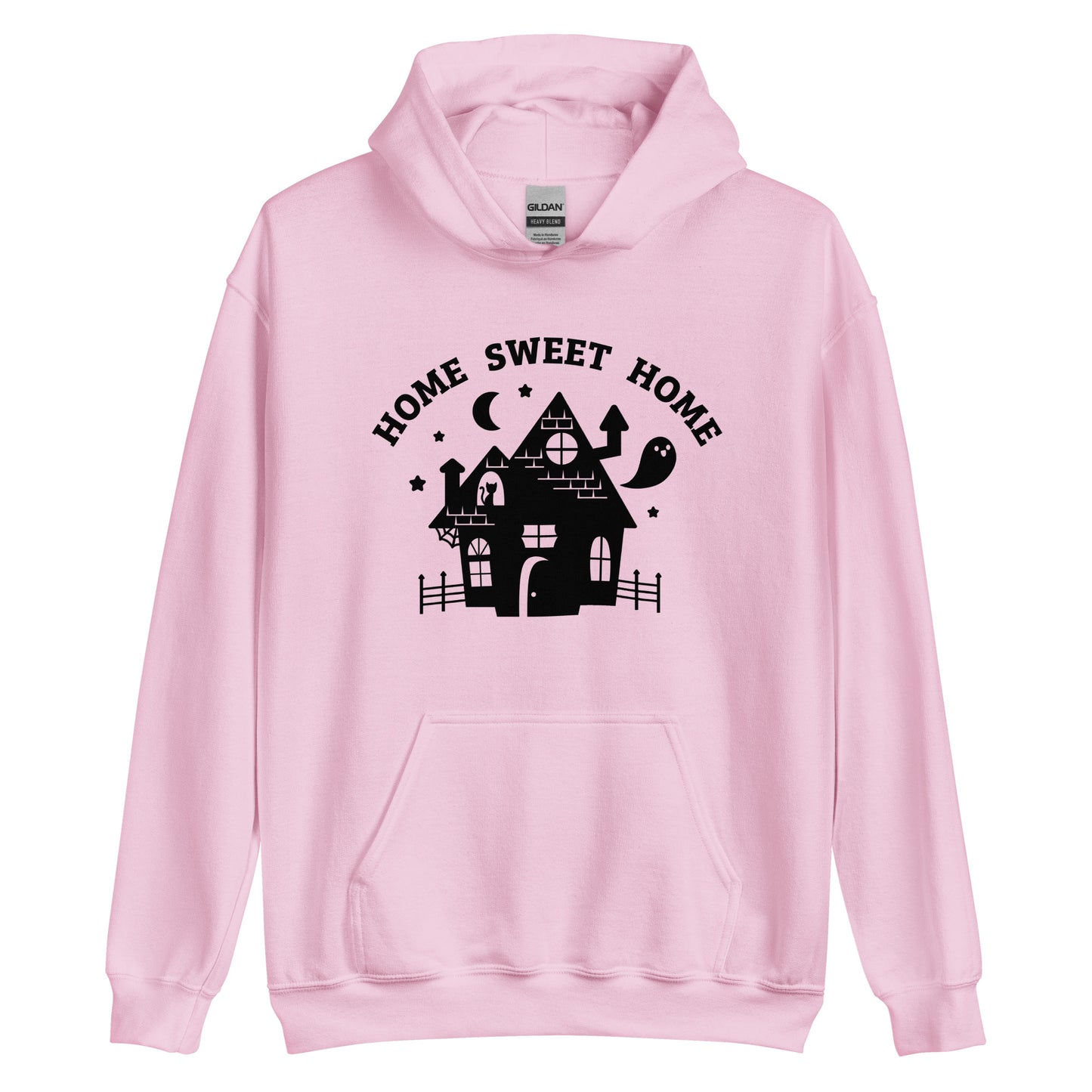 A pink hooded sweatshirt featuring a cutesy image of a haunted house. Text above the house reads "HOME SWEET HOME"