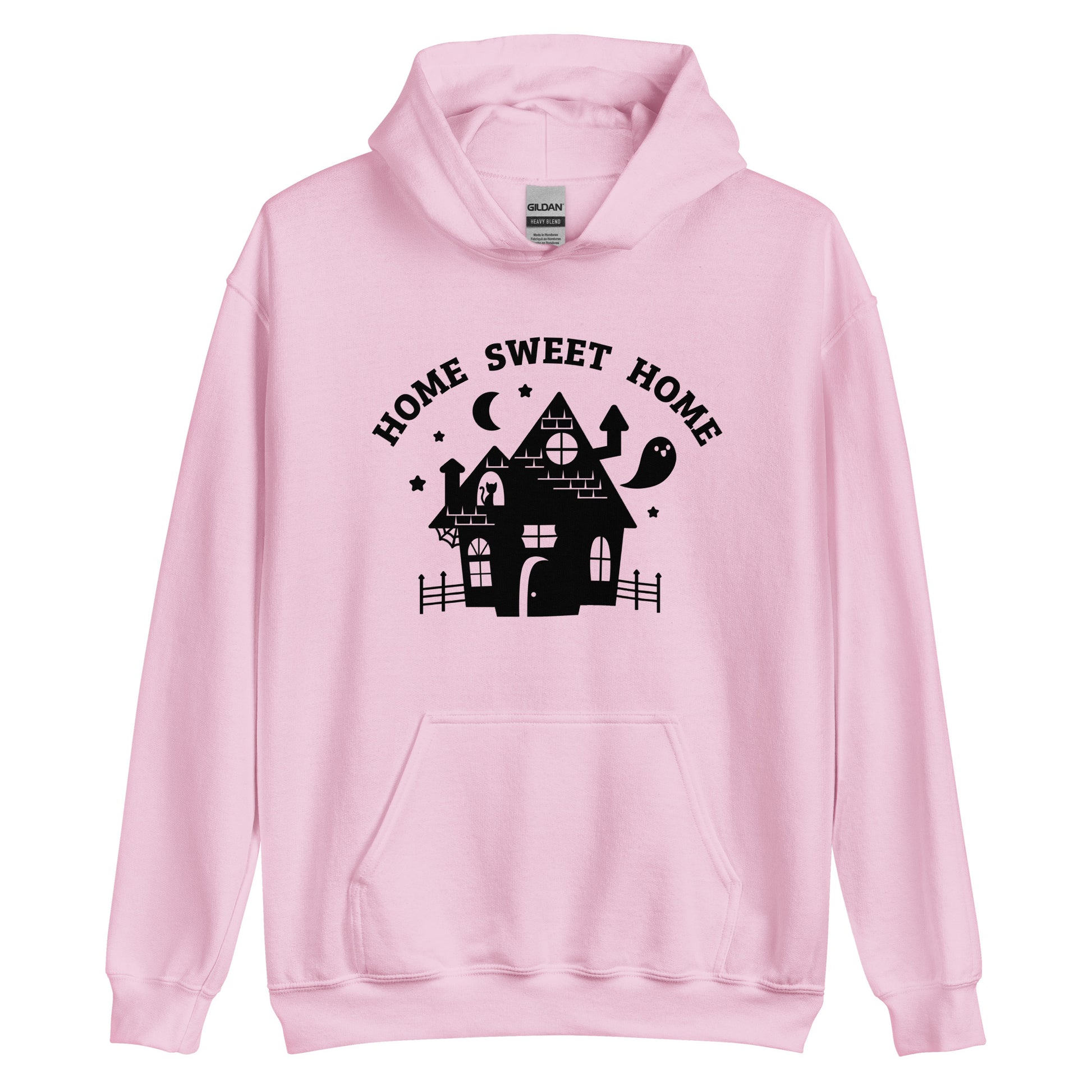 A pink hooded sweatshirt featuring a cutesy image of a haunted house. Text above the house reads "HOME SWEET HOME"