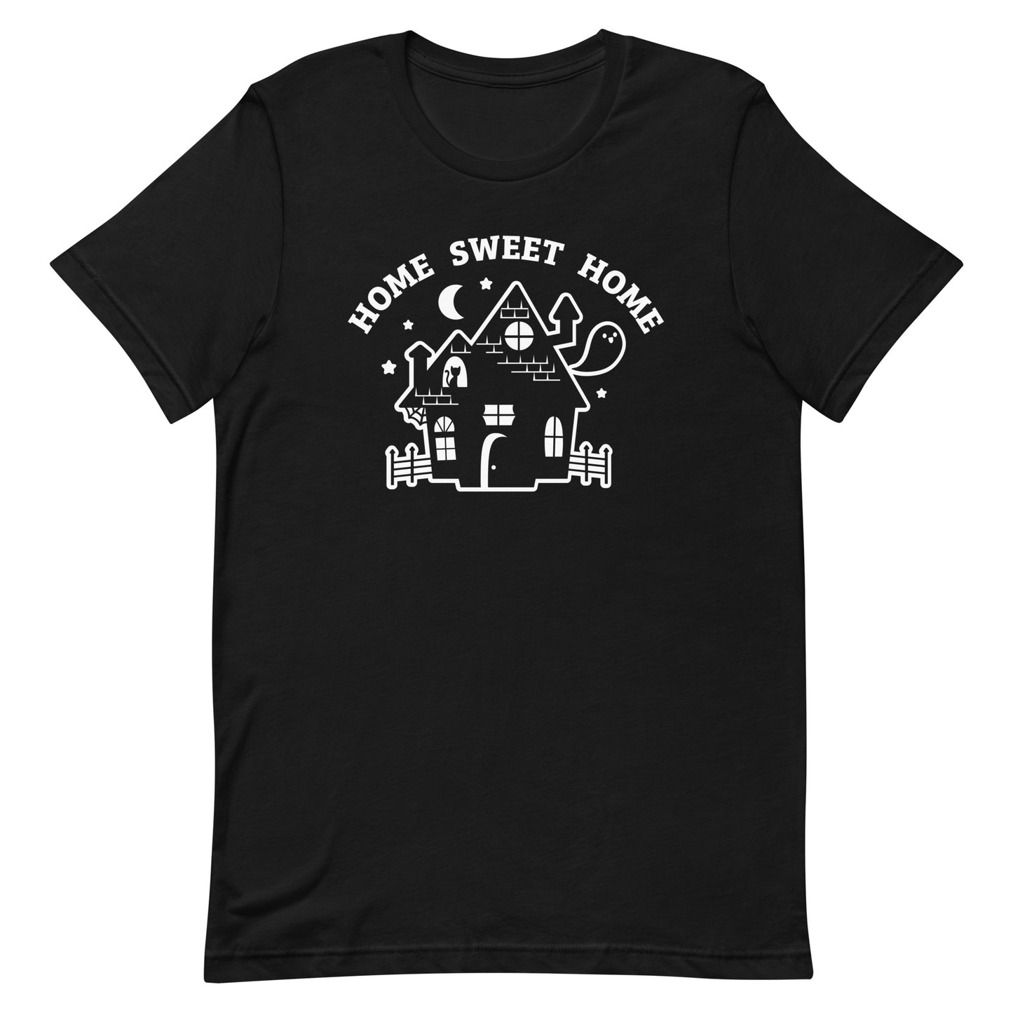 A black crewneck t-shirt featuring a single-color illustration of a haunted house. Text above the house reads "HOME SWEET HOME".