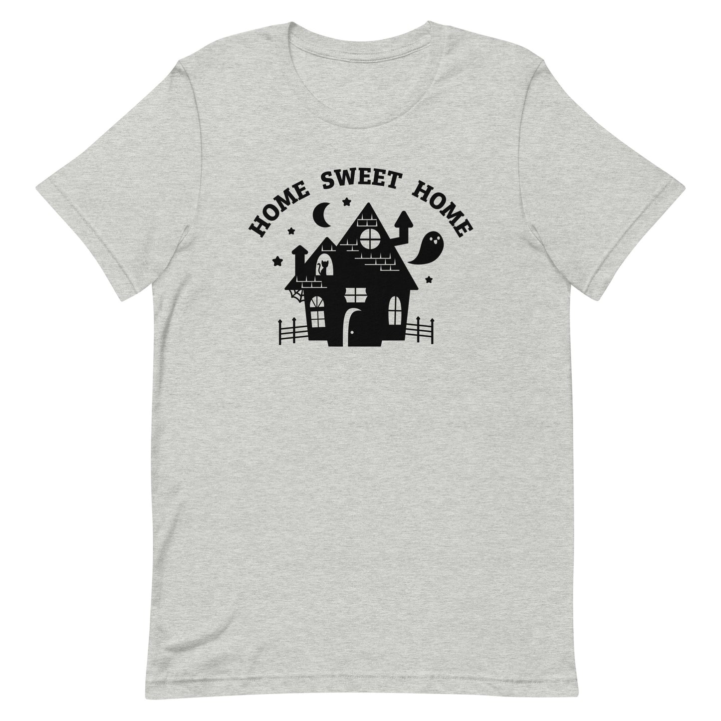 A grey crewneck t-shirt featuring a single-color illustration of a haunted house. Text above the house reads "HOME SWEET HOME".
