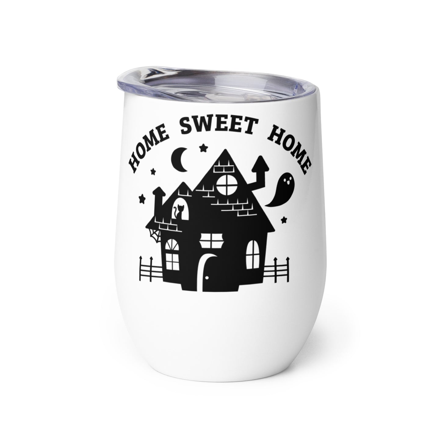 A white metal wine tumbler with a plastic lid. An illustration of a black silhouette of a haunted house decorates the tumbler. Text above the house reads "Home Sweet Home".