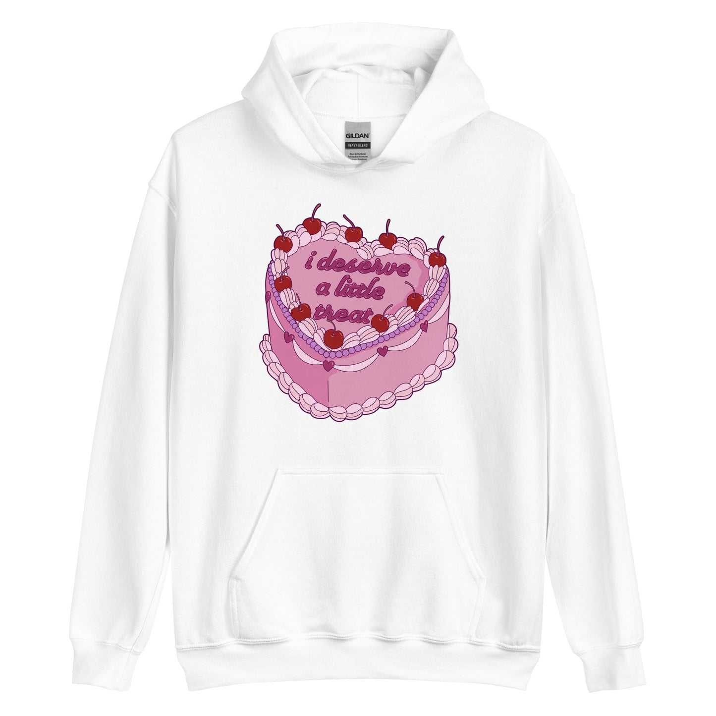 A white hooded sweatshirt featuring an illustration of an elaborately decorated pink cake. Icing on the cake reads "i deserve a little treat" in a cursive font.