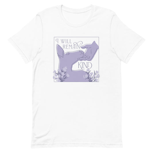A white crewneck t-shirt featuring an illustration of a hand gently petting the face of a doe. Text surrounding the illustration reads "I will remain kind".