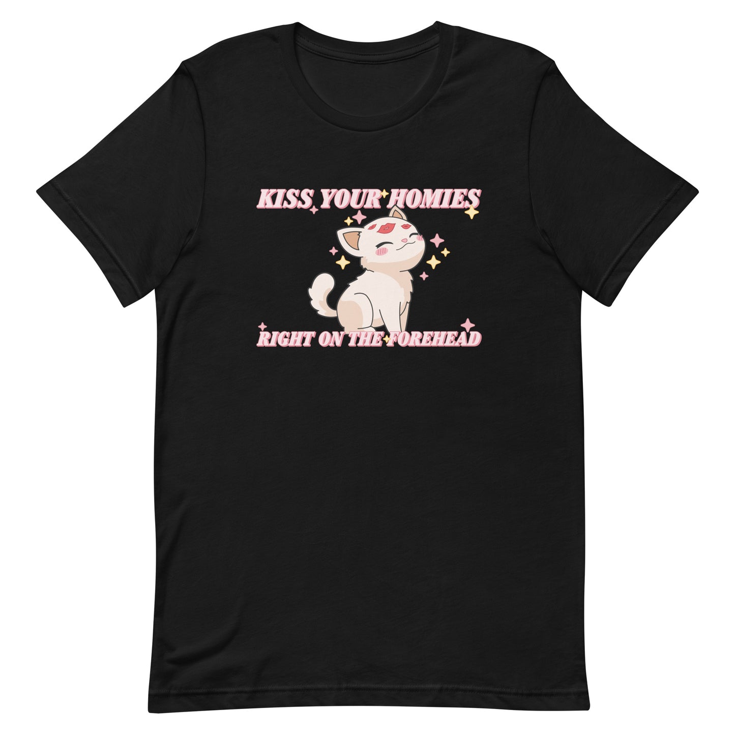 A black crewneck t-shirt featuring an illustration of a soft white kitten. Lipstick kiss marks are on the kitten's forehead, and its face is surrounded by sparkles. Pink text around the kitten reads "Kiss your homies right on the forehead."