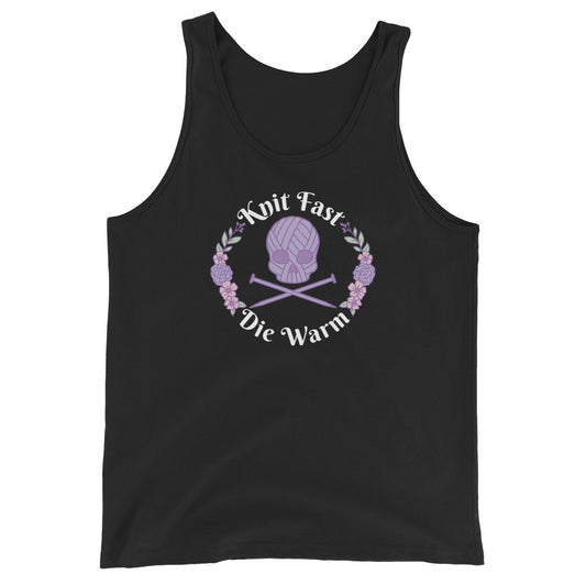 A black tank top featuring an image of a skull and crossbones made of yarn and knitting needles. A floral wreath surrounds the skull, along with words that read "Knit Fast, Die Warm"