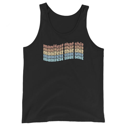 A black tank top featuring stacked text that reads "manifest that shit" in a rainbow of colors.