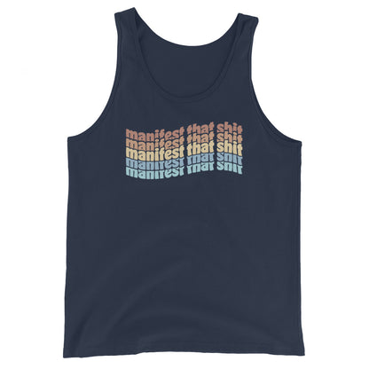 A navy tank top featuring stacked text that reads "manifest that shit" in a rainbow of colors.