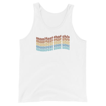 A white tank top featuring stacked text that reads "manifest that shit" in a rainbow of colors.