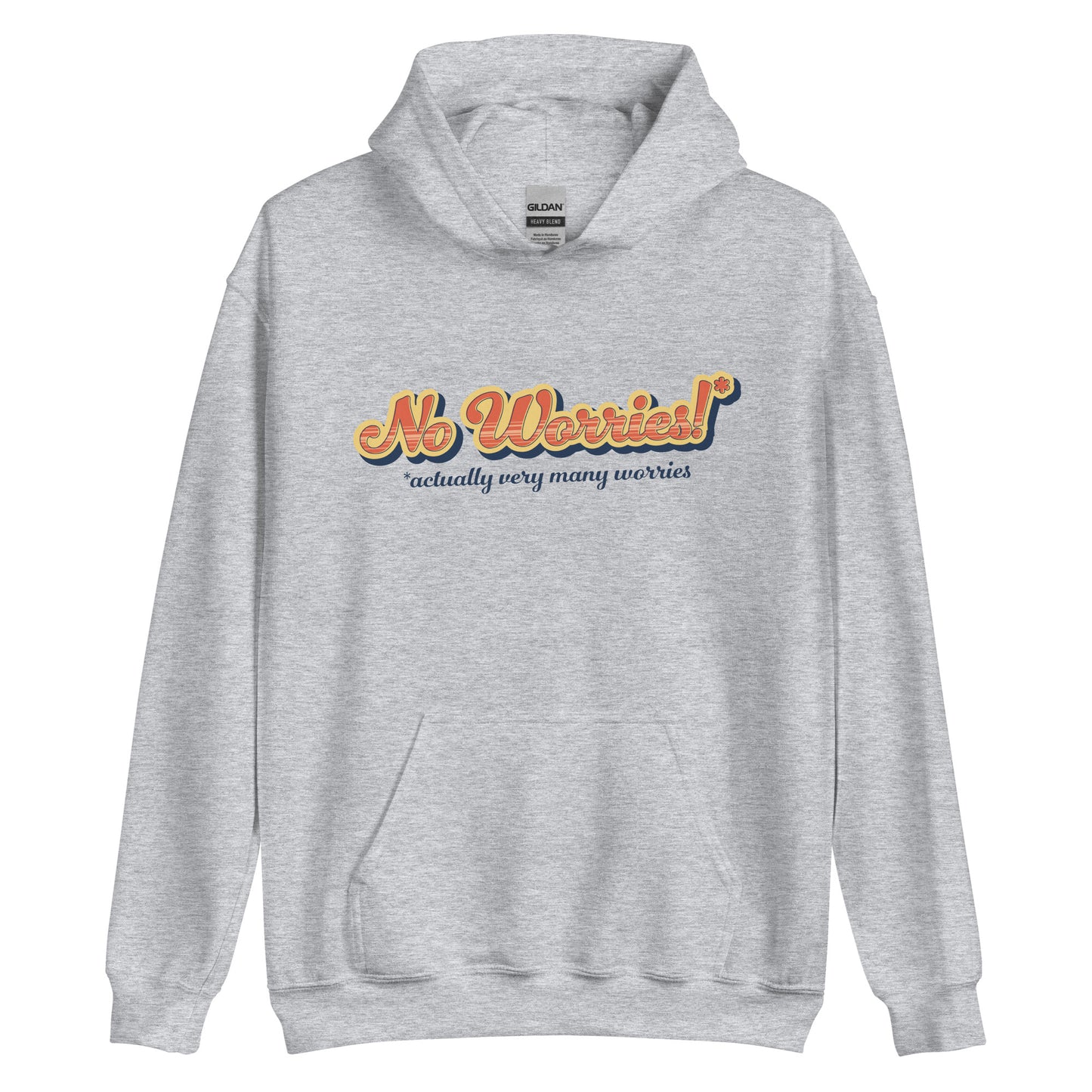 A light grey hooded sweatshirt featuring vintage style text that reads "No worries!* *actually very many worries"