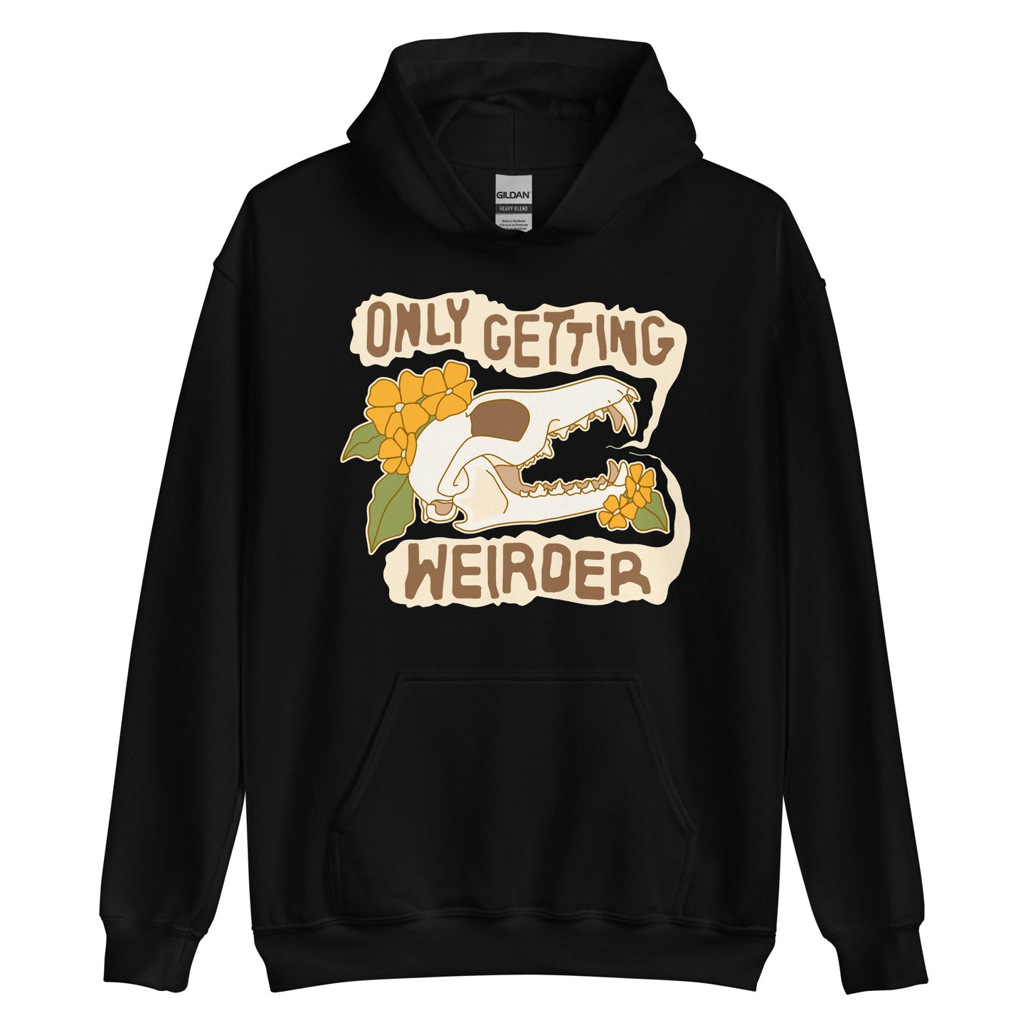 A black hooded sweatshirt featuring an illustration of a fox skull surrounded by yellow flowers. Wobbly speech bubbles are coming from the fox's mouth. The text inside the bubbles reads "ONLY GETTING WEIRDER".